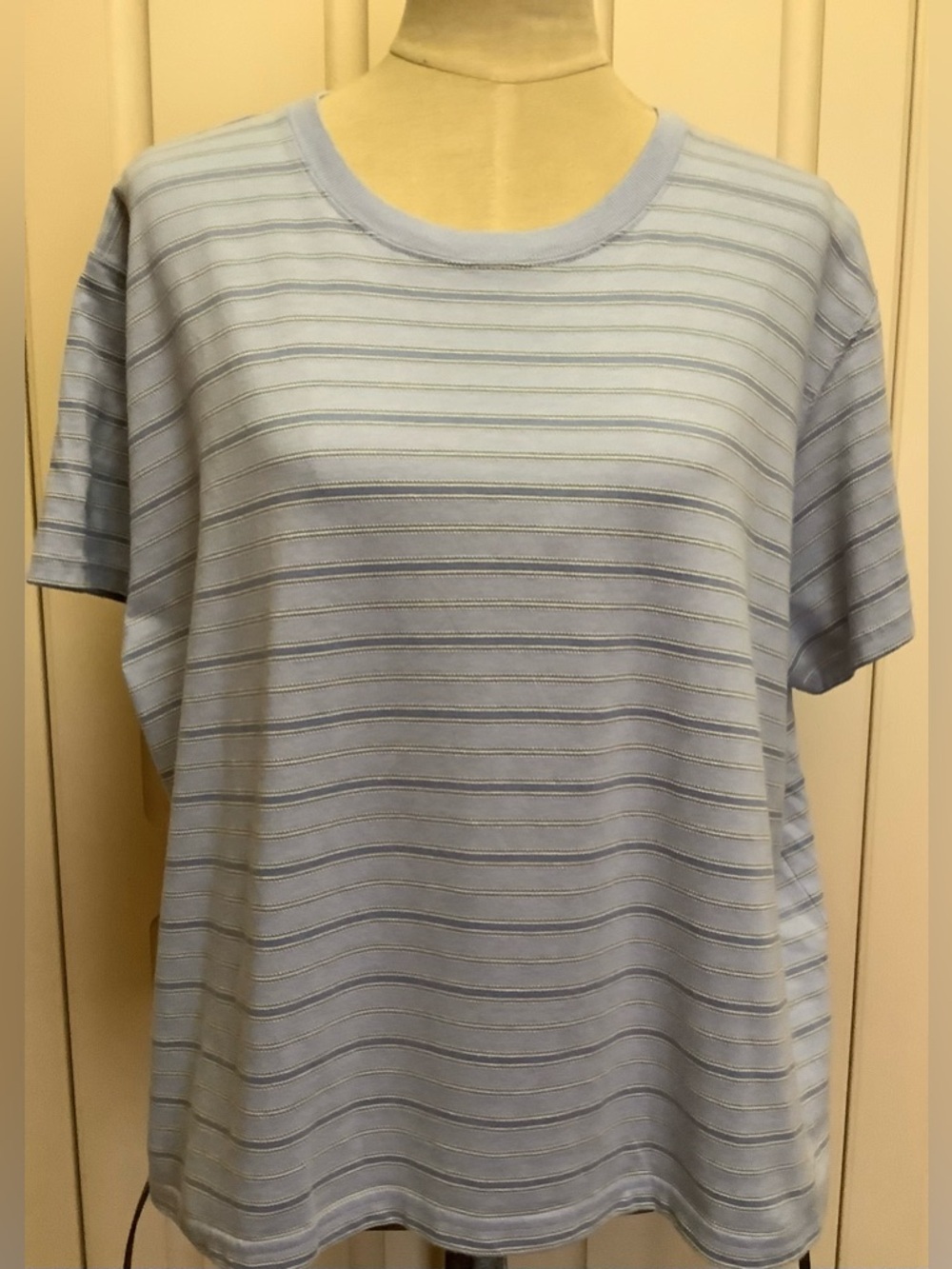 L.L. Bean Vintage Blue Yellow Stripe Shirt Top-Crew Neck-Short Sleeve-Cotton-XL